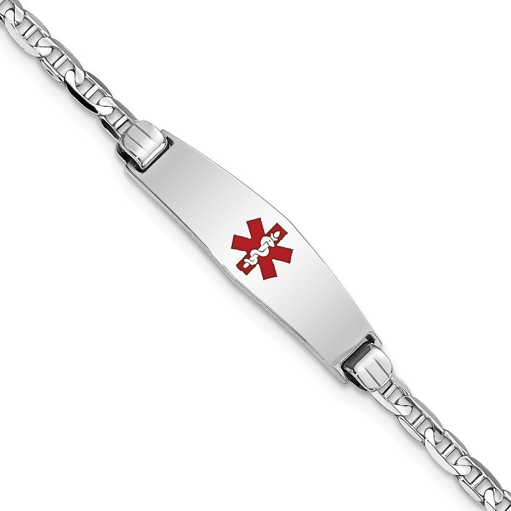 14K WG Medical Soft Diamond Shape Red Enamel Anchor Link ID Bracelet, 8"